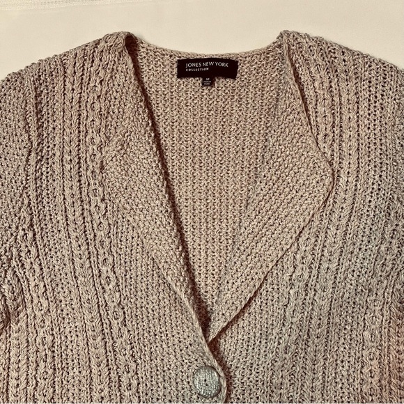 Jones New York Linen Crochet 3/4 Sleeve Cardigan Sz M EUC Cafe Au Lait Color - Picture 3 of 9